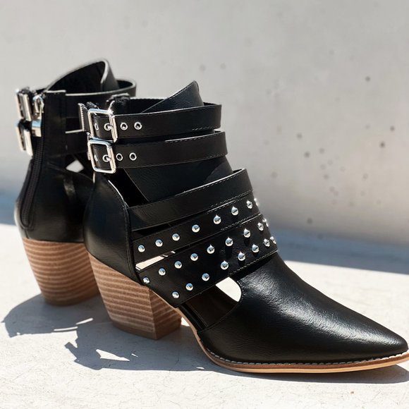 NEW Black Studded Cutout Buckle Strap Pointy Toe Block Heel Ankle Booties Vegan - Picture 3 of 16